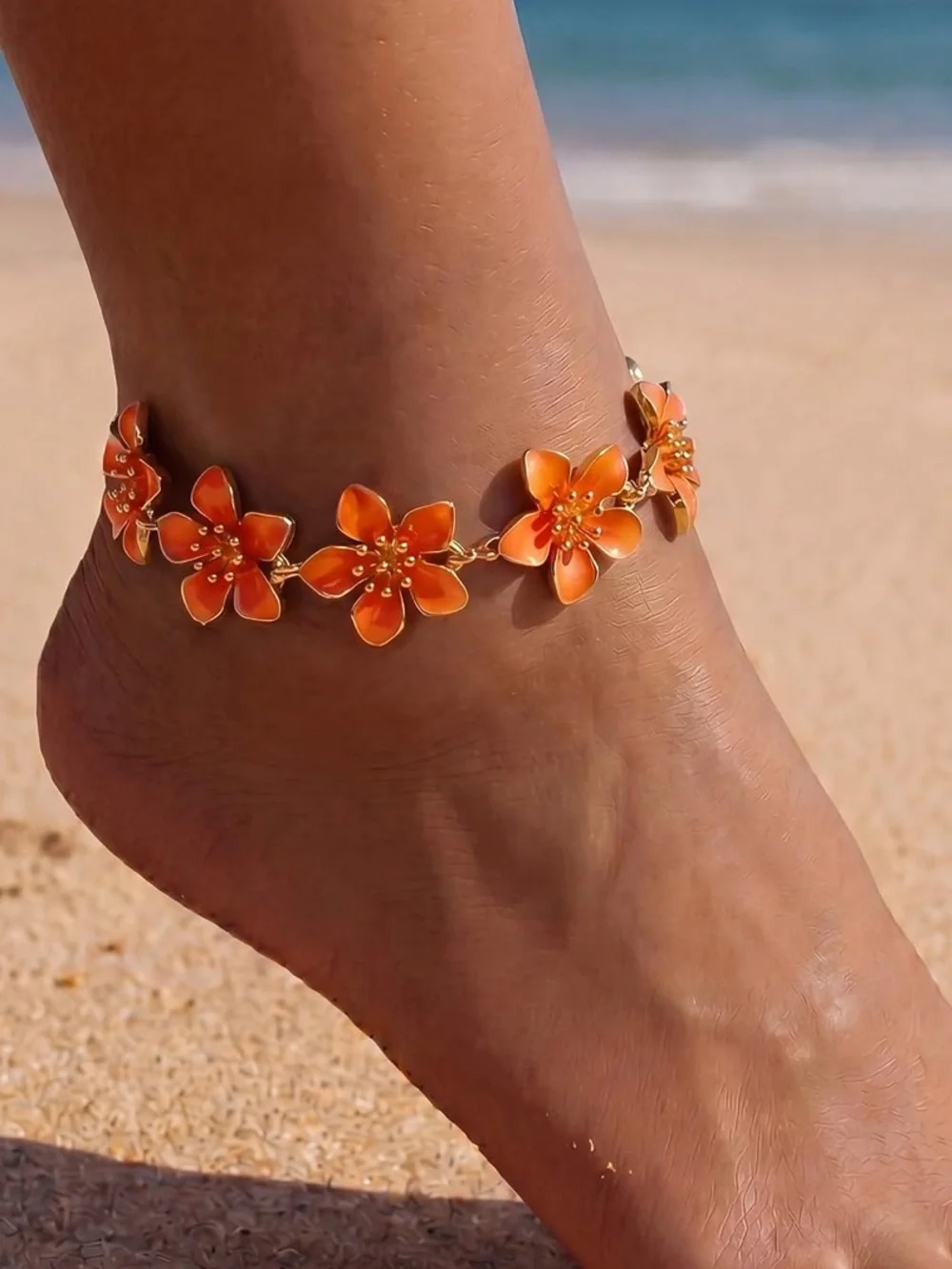 Anthropologie Gold color and Orange Enamel Flower Anklet